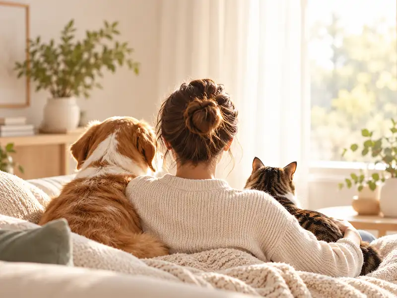 woman sitting on couch with her dog and cat